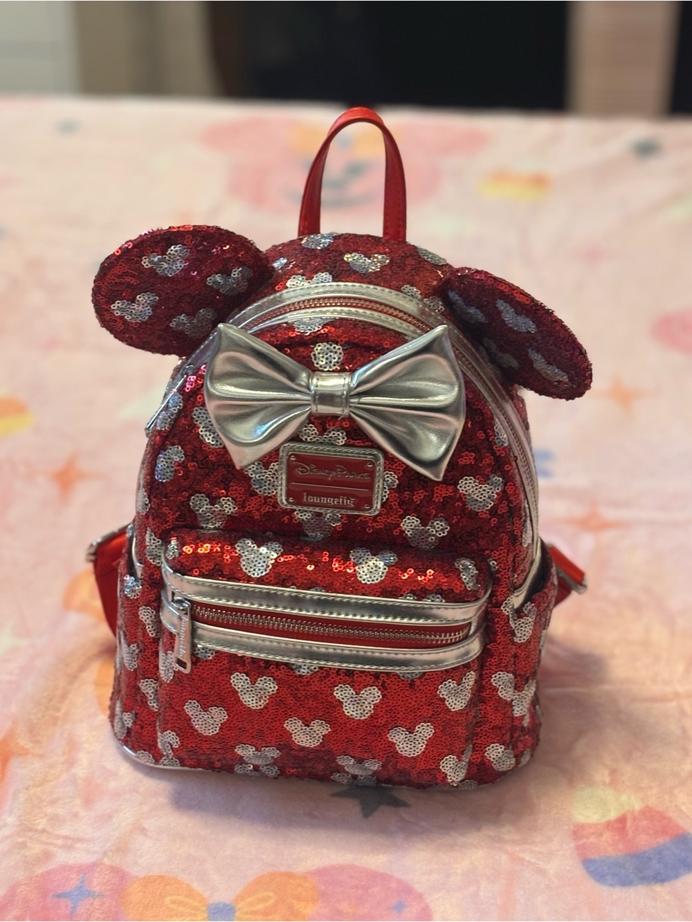 Disney Loungefly Red Sequin Minnie Ear Mini Backpack with Silver Bow Accent